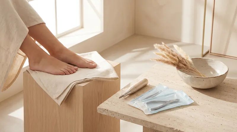 Waterless smart pedicure station with a linen towel, e-file and sterile tools