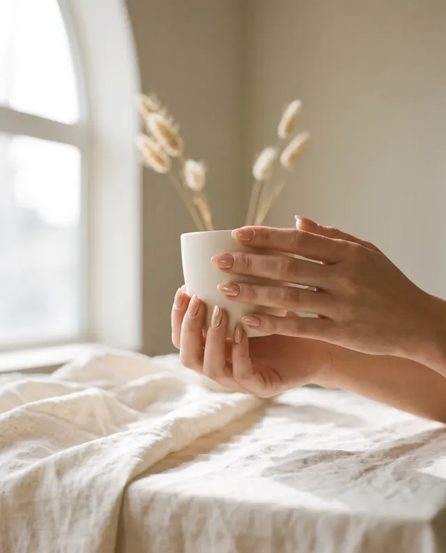 Hands with a nude structured gel manicure holding a ceramic cup in soft window light