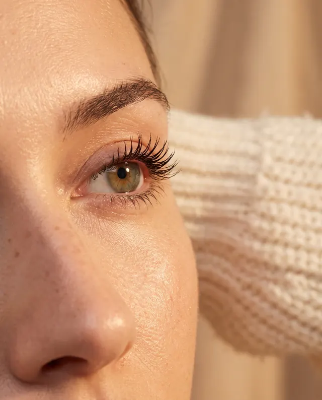 Side profile of an eye with naturally lifted, tinted lashes