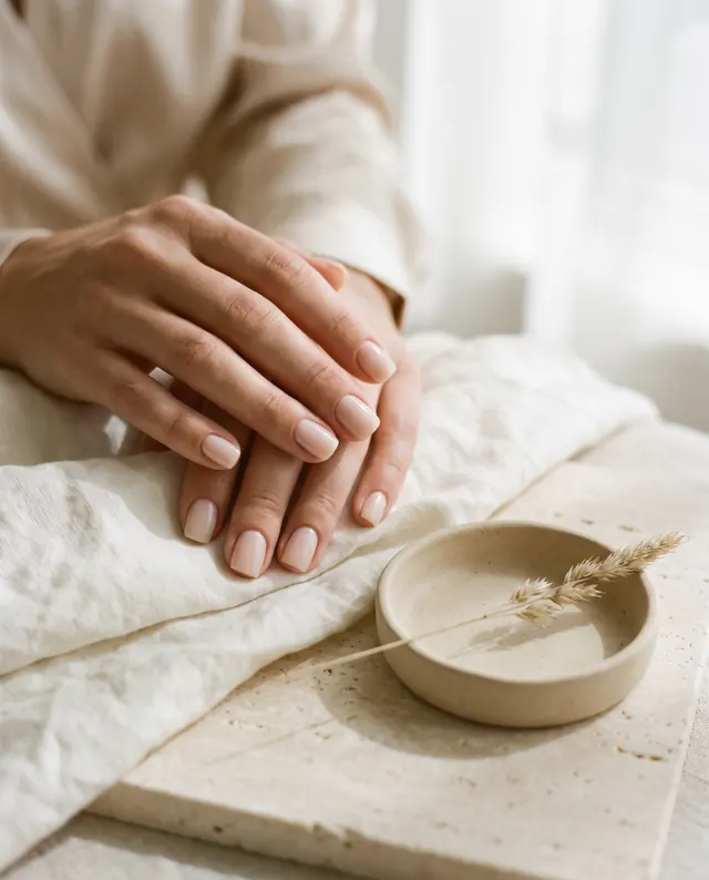 Hands with a fresh Russian gel manicure in sheer milky nude resting on ivory linen